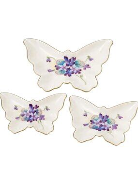 Vintage Butterfly Trinket Dishes Set of 3 Gold Trim Floral Porcelain